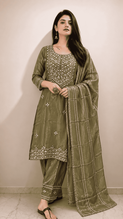 Olive Green Embroidered Tissue Shimmer Kurta Pant and Dupatta