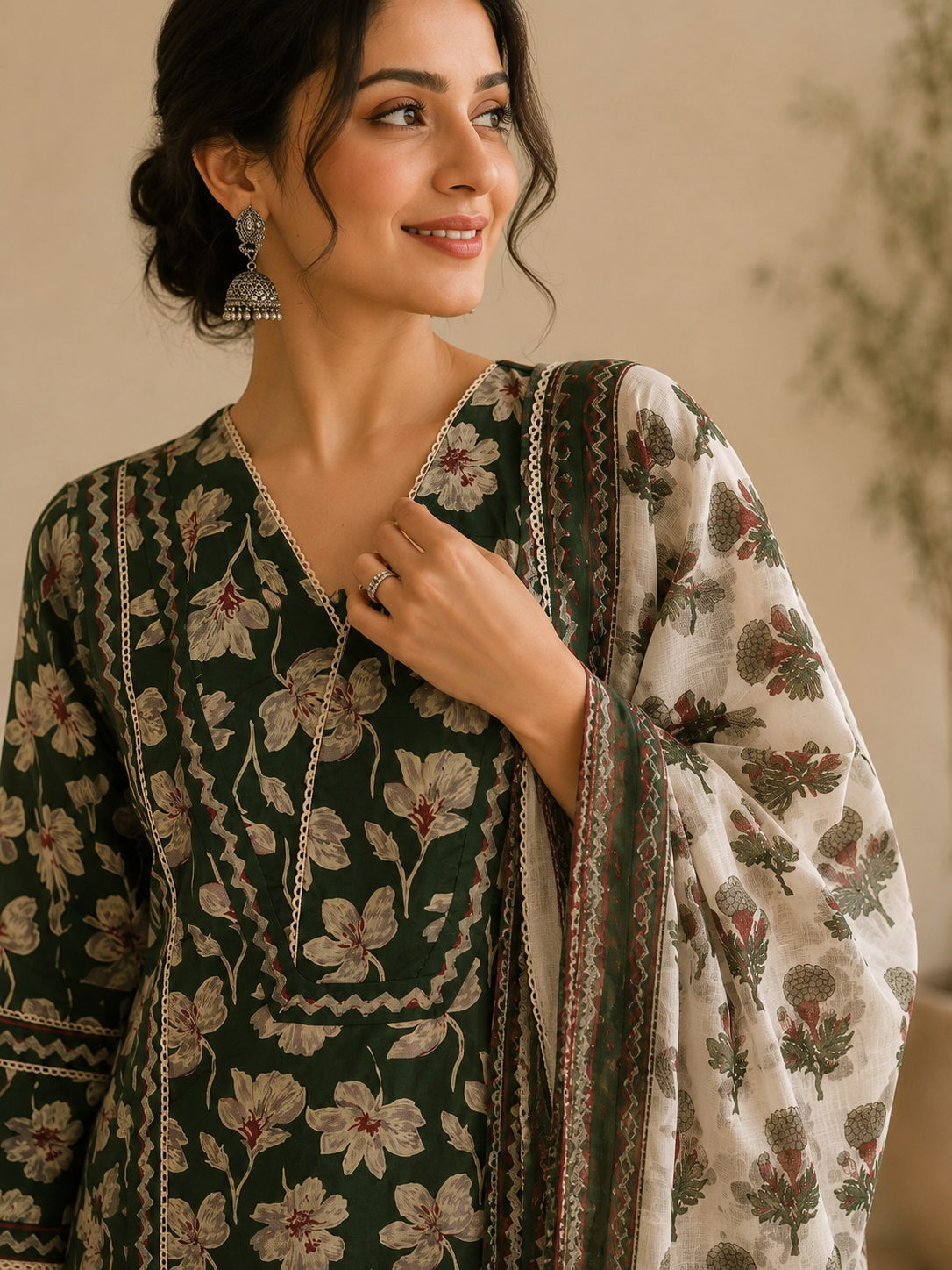 Green Floral Printed Cotton Blend Kurta and Pant with Dupatta