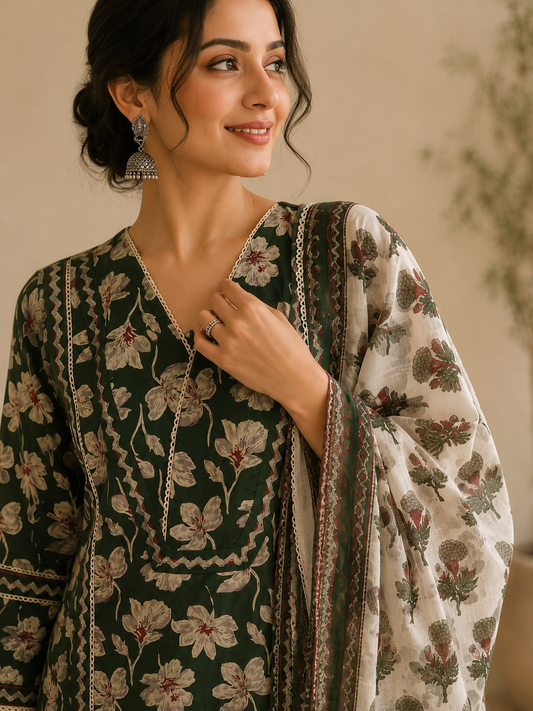 Green Floral Printed Cotton Blend Kurta and Pant with Dupatta