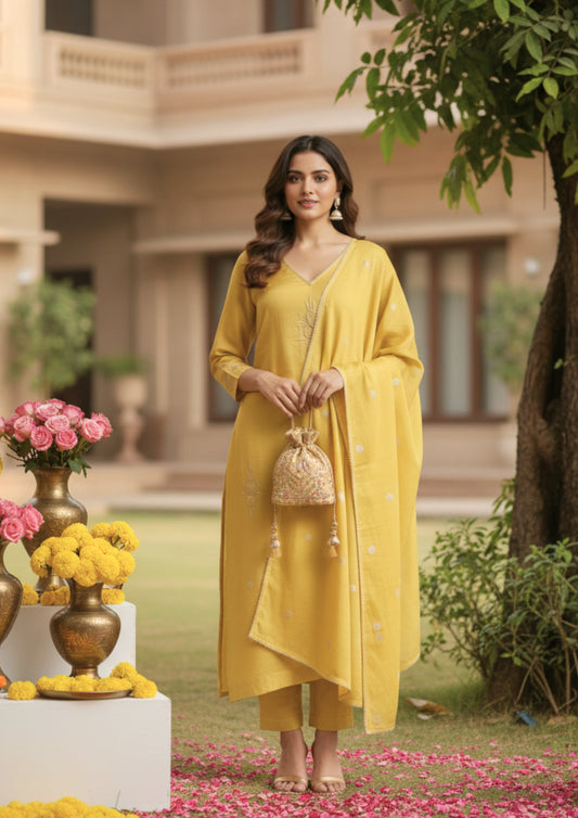 Olive Embroidered Cotton Mix Kurta Set With Dupatta