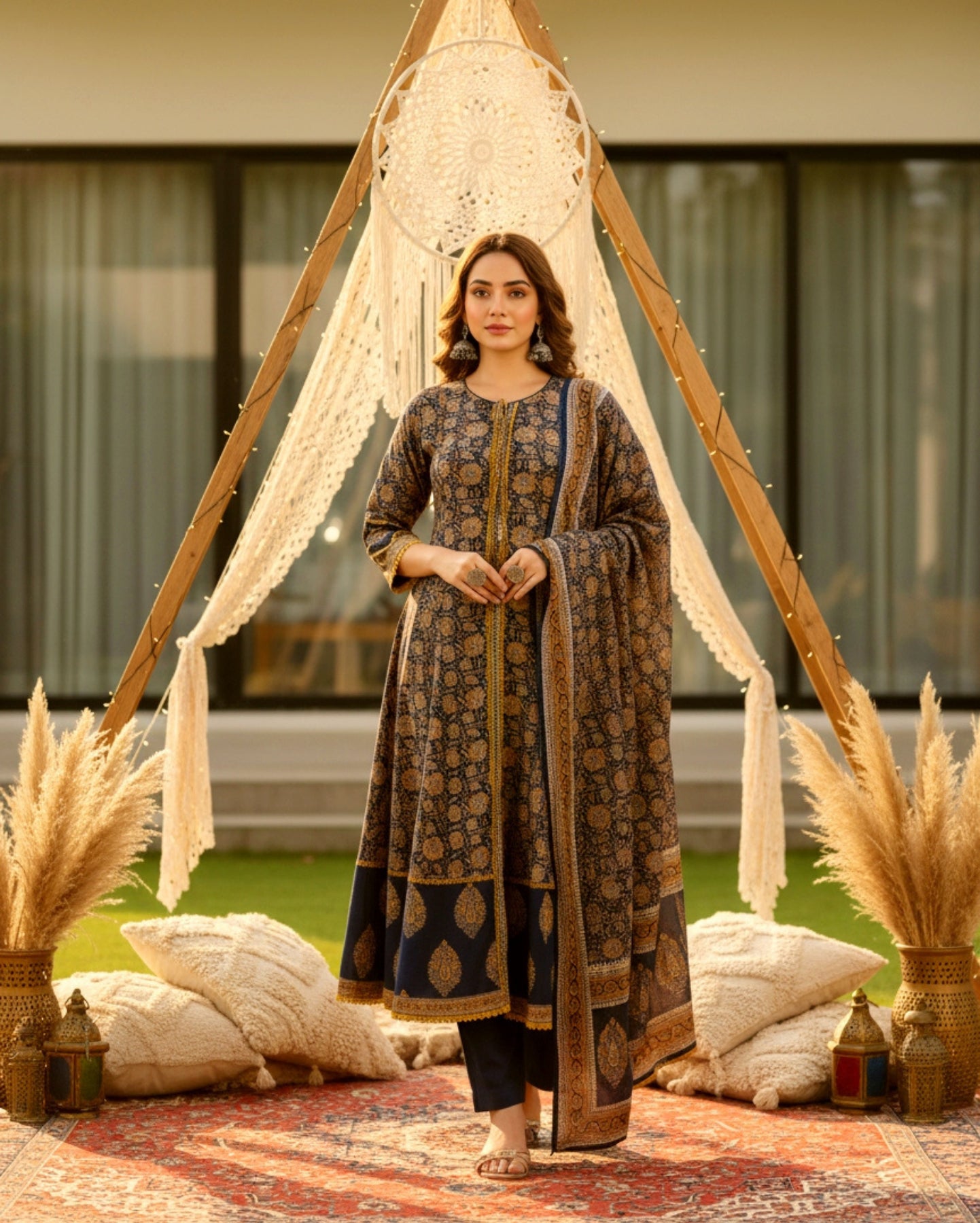 Navy and Mustard Floral Handblock Sangneri Cotton Kurta Set With Lightweight Dupatta
