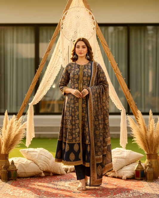 Navy and Mustard Floral Handblock Sangneri Cotton Kurta Set With Lightweight Dupatta