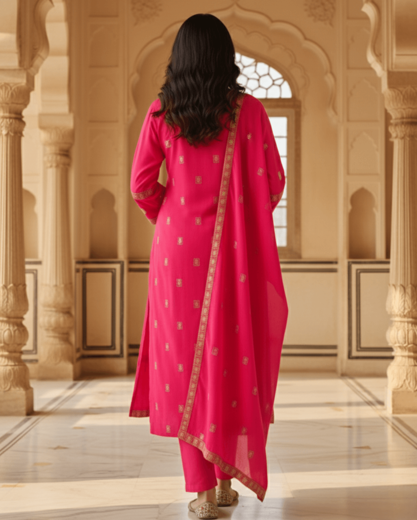 fuchsia pink cotton kurta pant set with dupatta