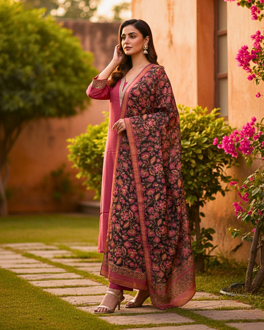 Dusty Coral Pink Cotton Mix Kurta Set  With Sequin Border And Dupatta
