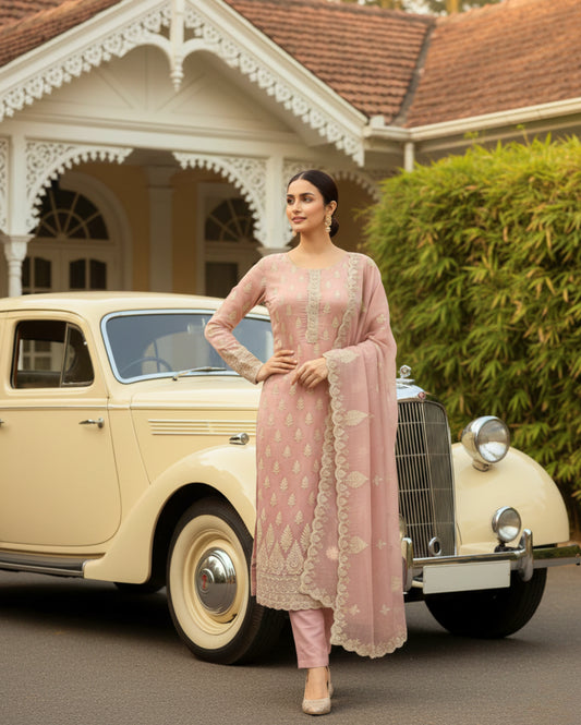 Semi-Stitched Dusty Rose Organza With Delicate Ivory Thread And Sequin Floral Motifs Suit Material