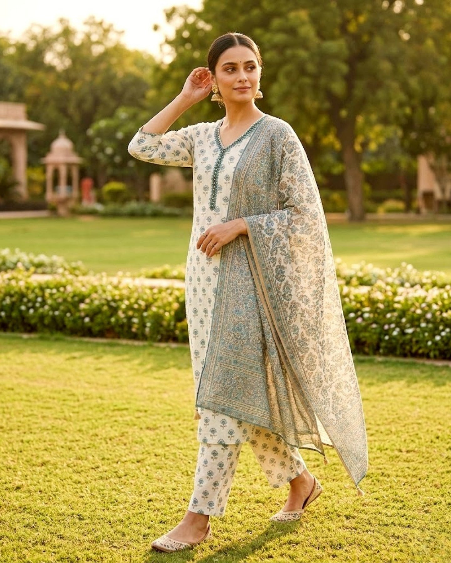 Ivory Cotton Kurta Set With Teal Bagru Print Paired With The Dupatta
