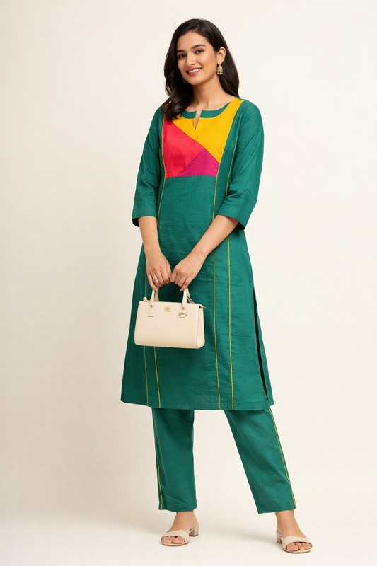Emerald green vibrant multicolour panel design linen kurta pant set
