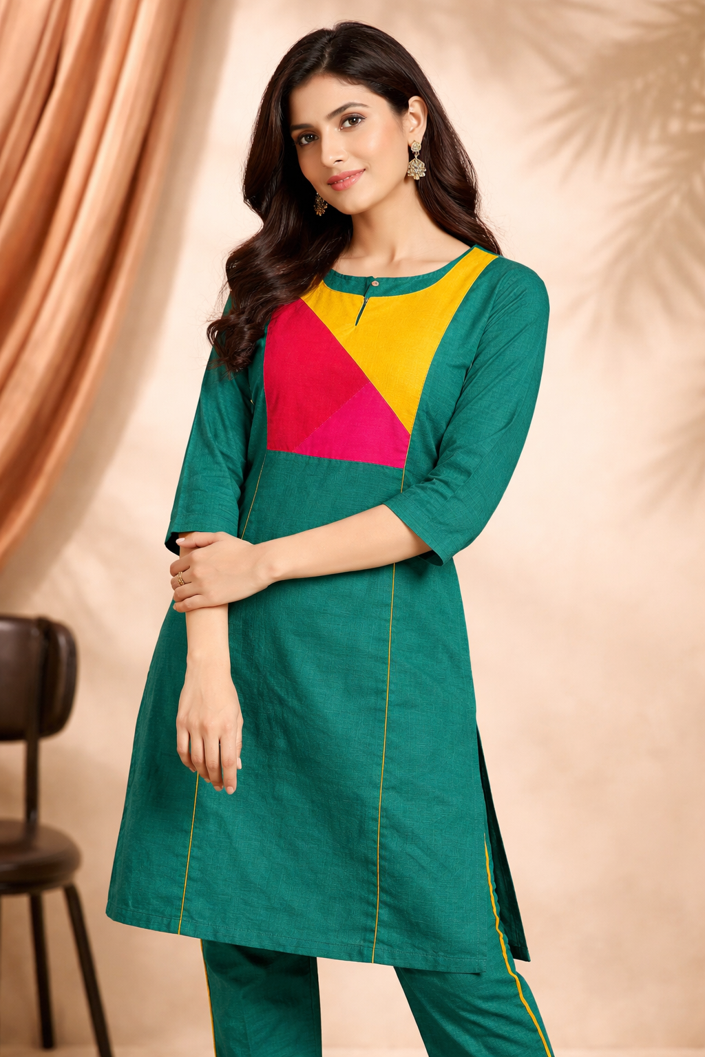 Emerald green vibrant multicolour panel design linen kurta pant set