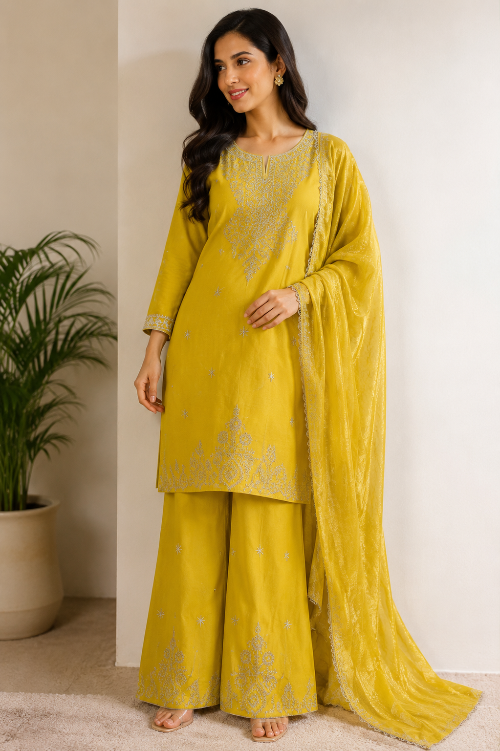 Yellow Silk Blend Embroidered Kurta and Palazzo with Dupatta