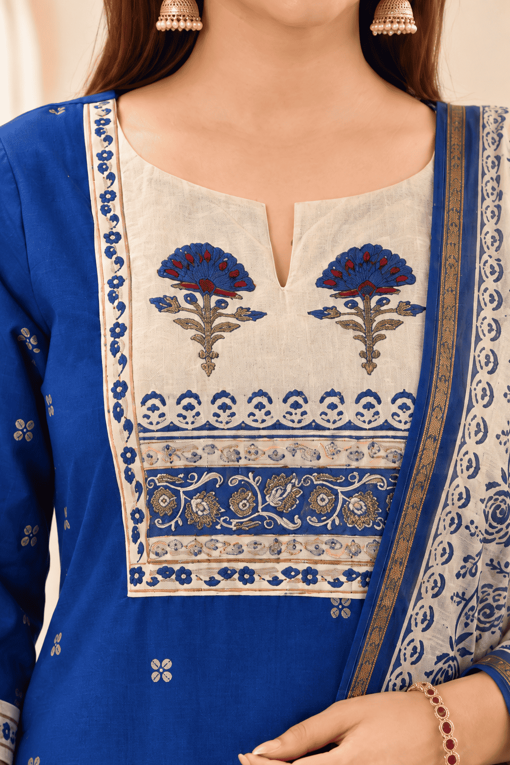 Blue Printed Cotton Kurta and pant with dupatta