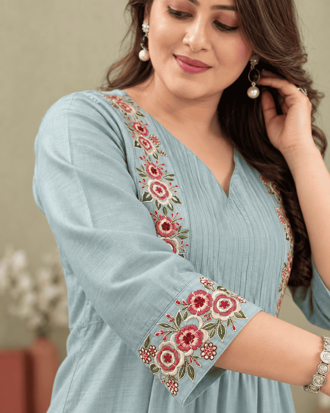Powder Blue Floral Embroidered Cotton Blend Kurta Pant Set