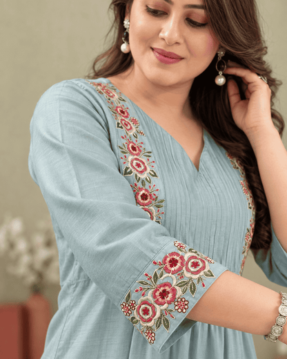Powder Blue Floral Embroidered Cotton Blend Kurta Pant Set