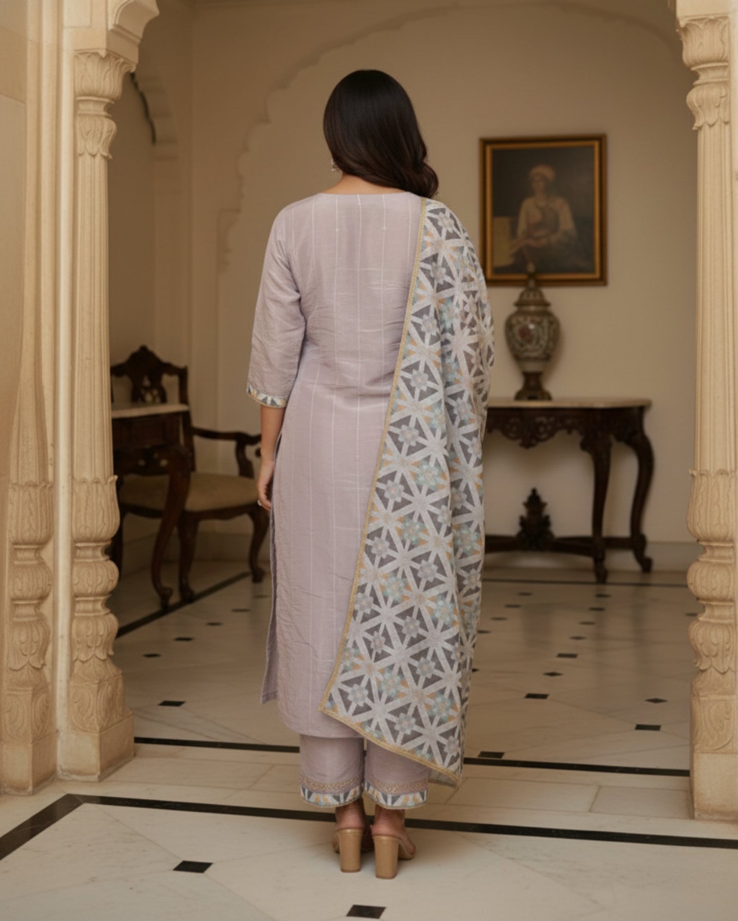 Pastel Geometric Printed Sequin Chinon Kurta Set With Dupatta