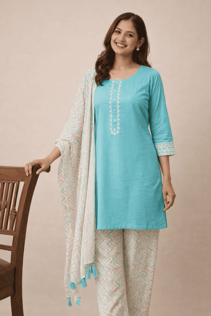 Sea green cotton kurta set with printed dupatta