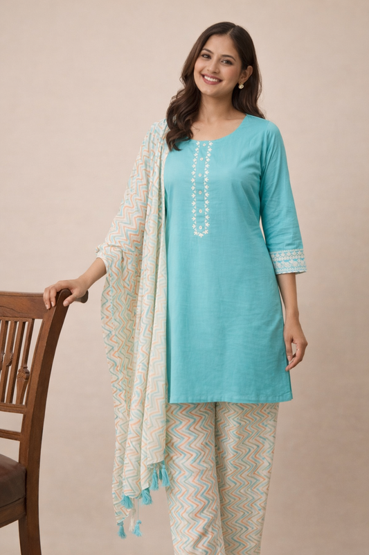 Sea green cotton kurta set with printed dupatta