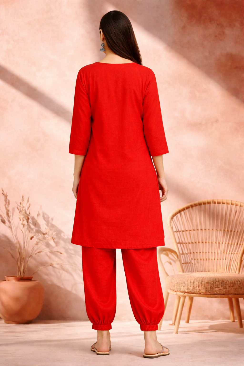 Bright Red embroidered border design linen kurta pant set