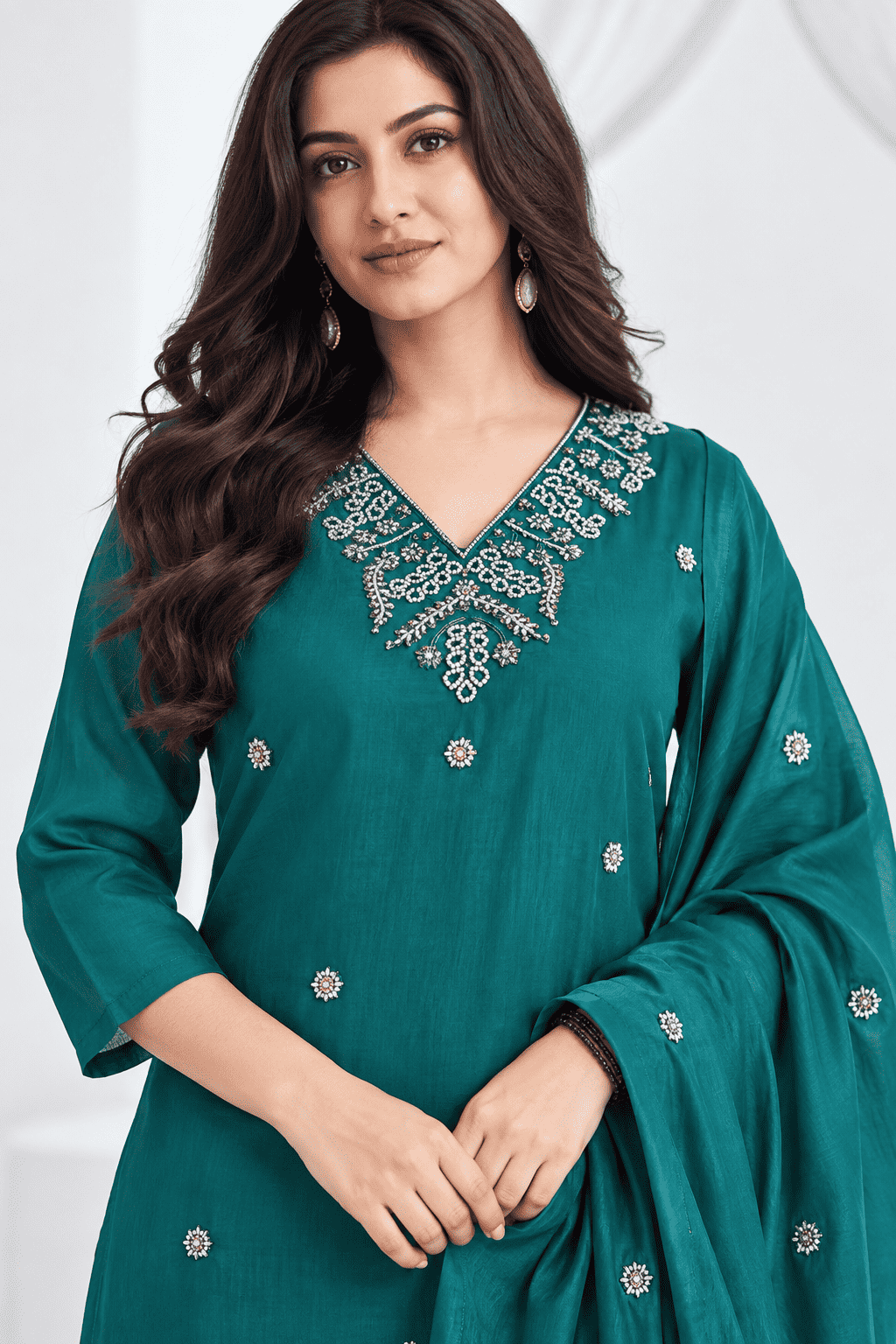 Deep Teal Embroidered Rayon Kurta Pant and Dupatta