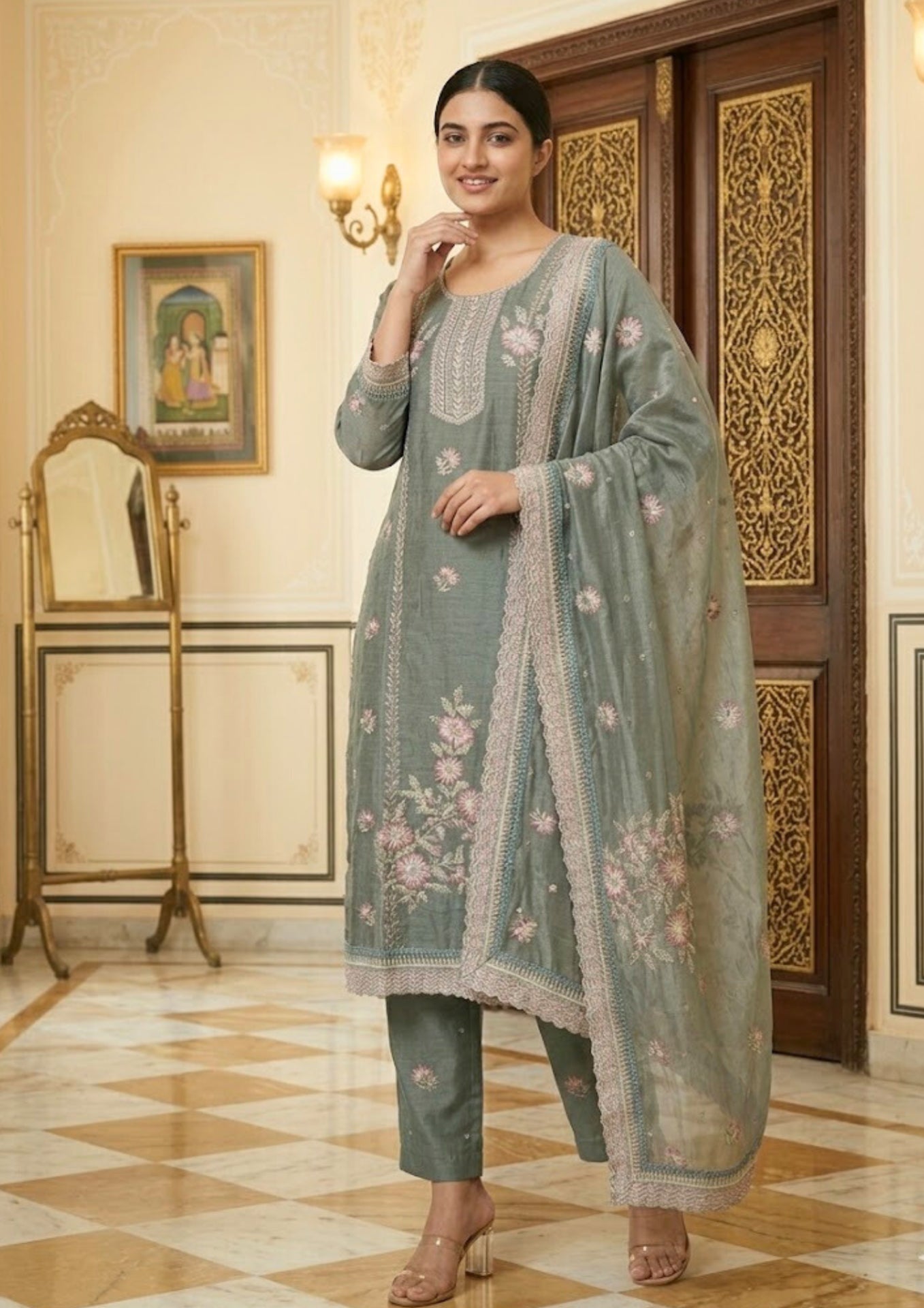 Semi-Stitched Shimmer Net Fabric In Deep Olive With Multicoloured Thread Embroidery Suit Material