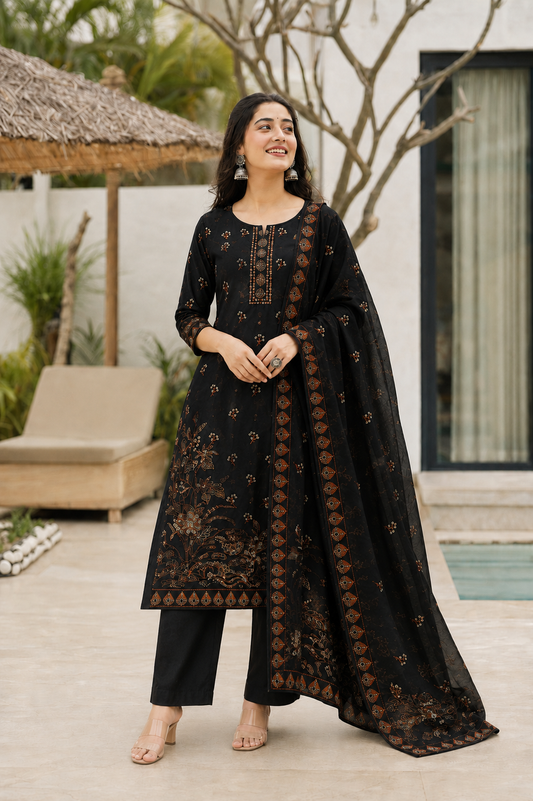 Black Floral Embroidered Rayon Kurta Set With Dupatta