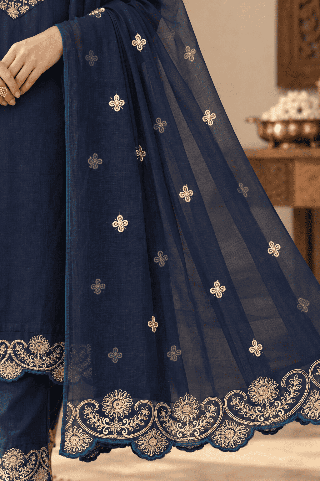Teal Silk Blend Embroidered Kurta Pant and Dupatta Set