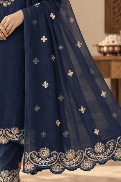 Teal Silk Blend Embroidered Kurta Pant and Dupatta Set
