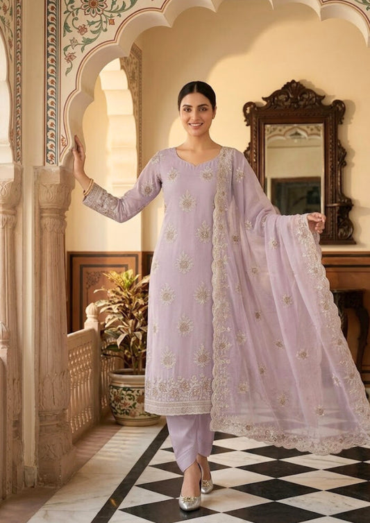 Semi-Stitched Mauve Lilac Chiffon Suit With Heavy Floral Sequin Border Detailing