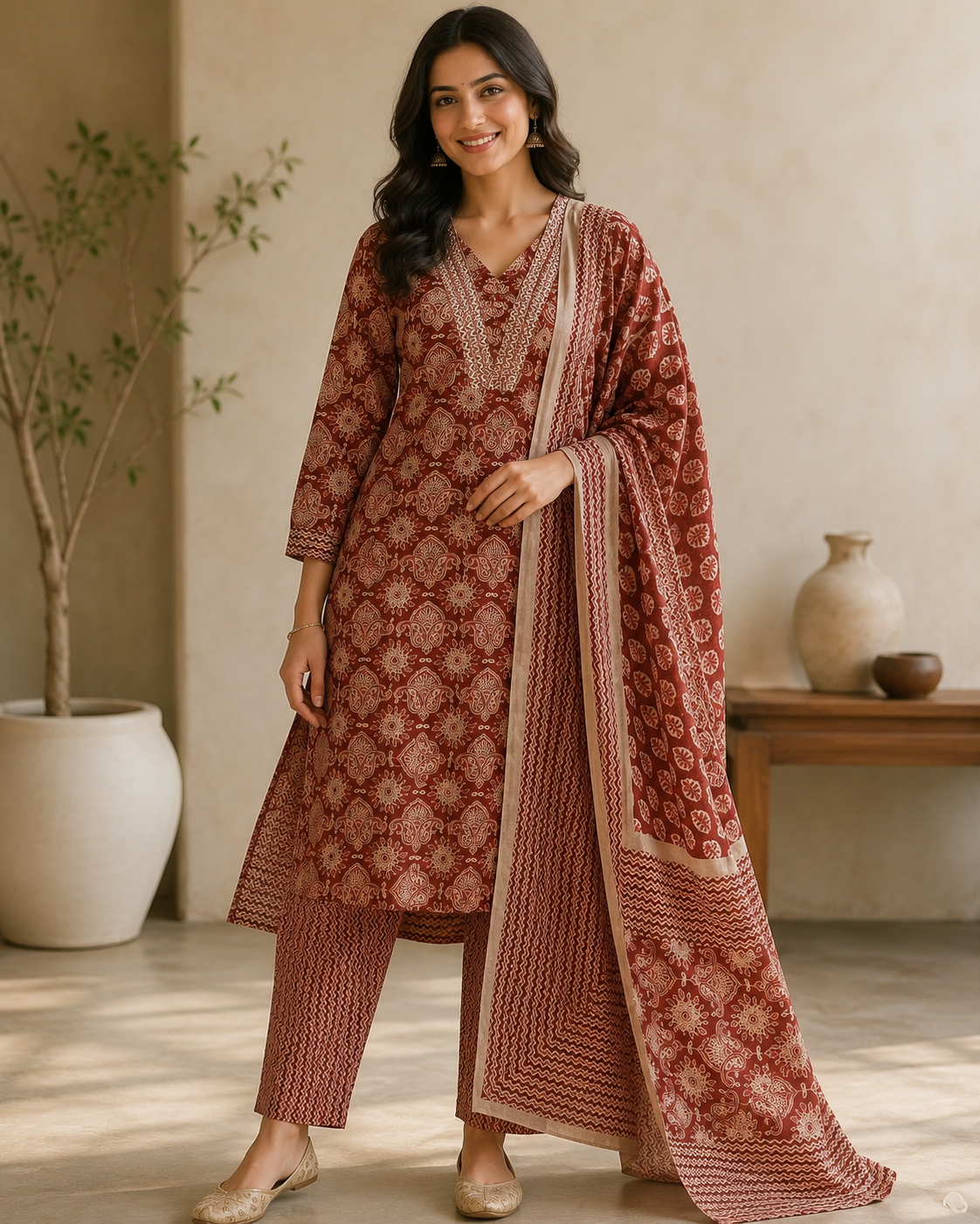 Rust Red Printed Cotton Blend Kurta and Pant with Dupatta