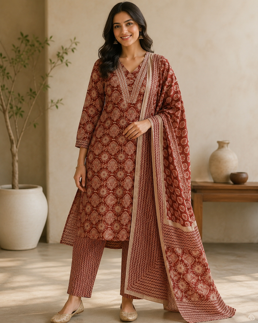 Rust Red Printed Cotton Blend Kurta and Pant with Dupatta