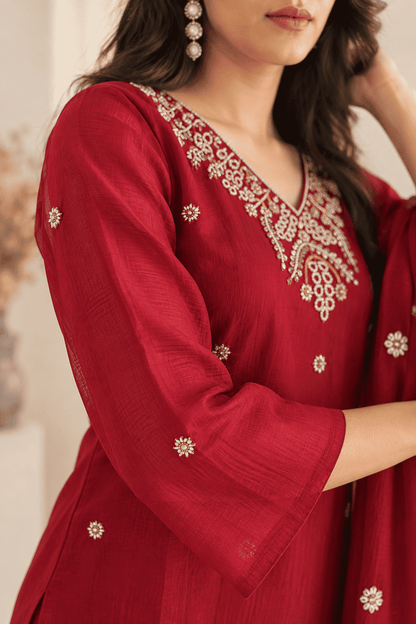 Maroon Embroidered Rayon Kurta Pant and Dupatta