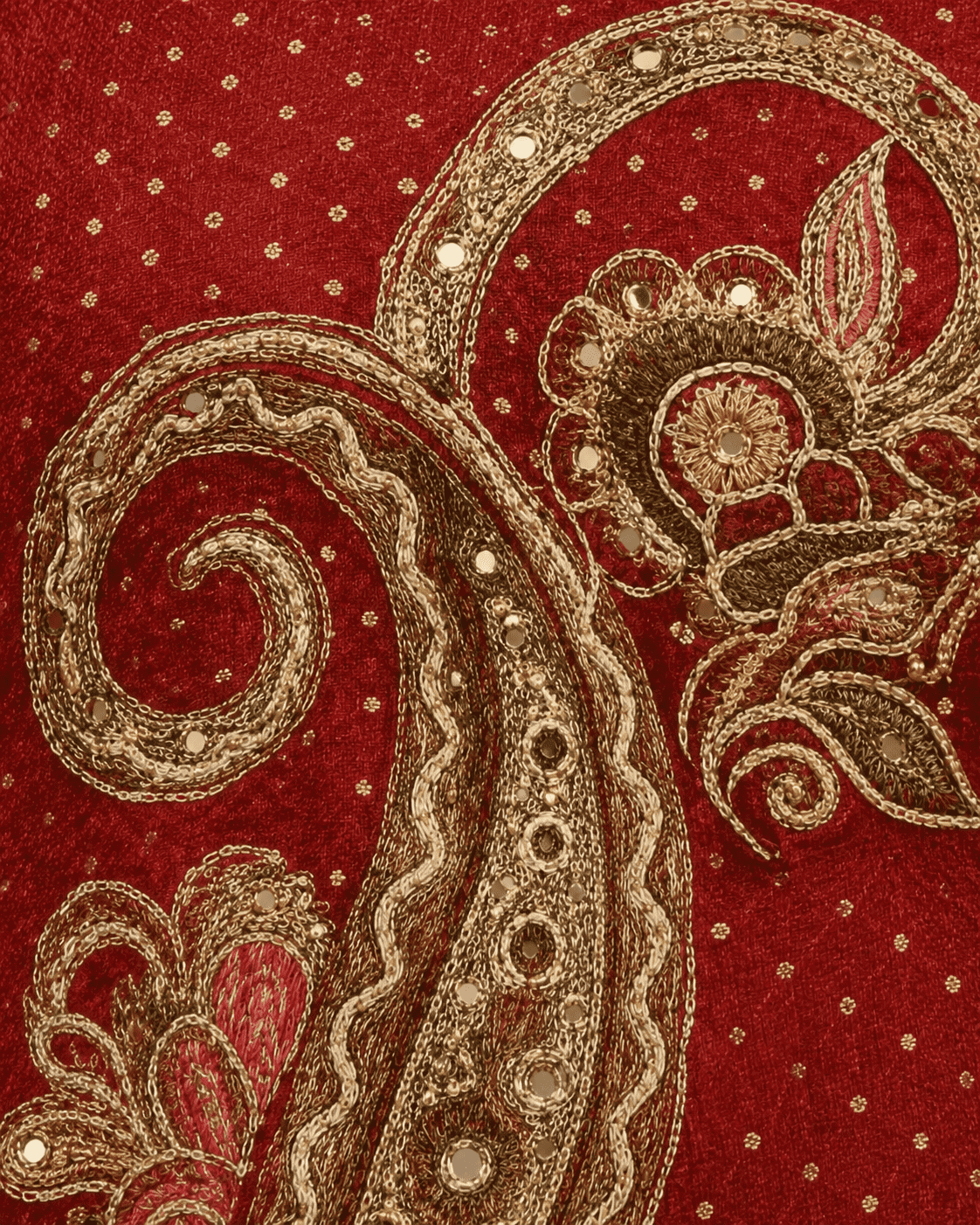 Unstitched Rich Maroon Art Silk Suit With Multicoloured Paisley Applique And Mirror Handwork Detailing