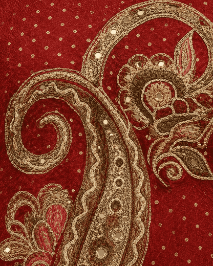 Unstitched Rich Maroon Art Silk Suit With Multicoloured Paisley Applique And Mirror Handwork Detailing