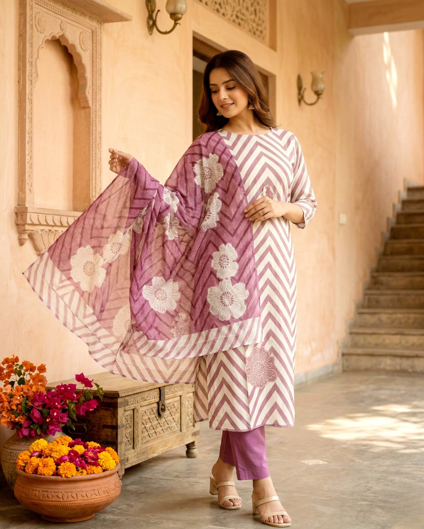 Purple Striped Floral Printed Rayon Kurta Set With Dupatta