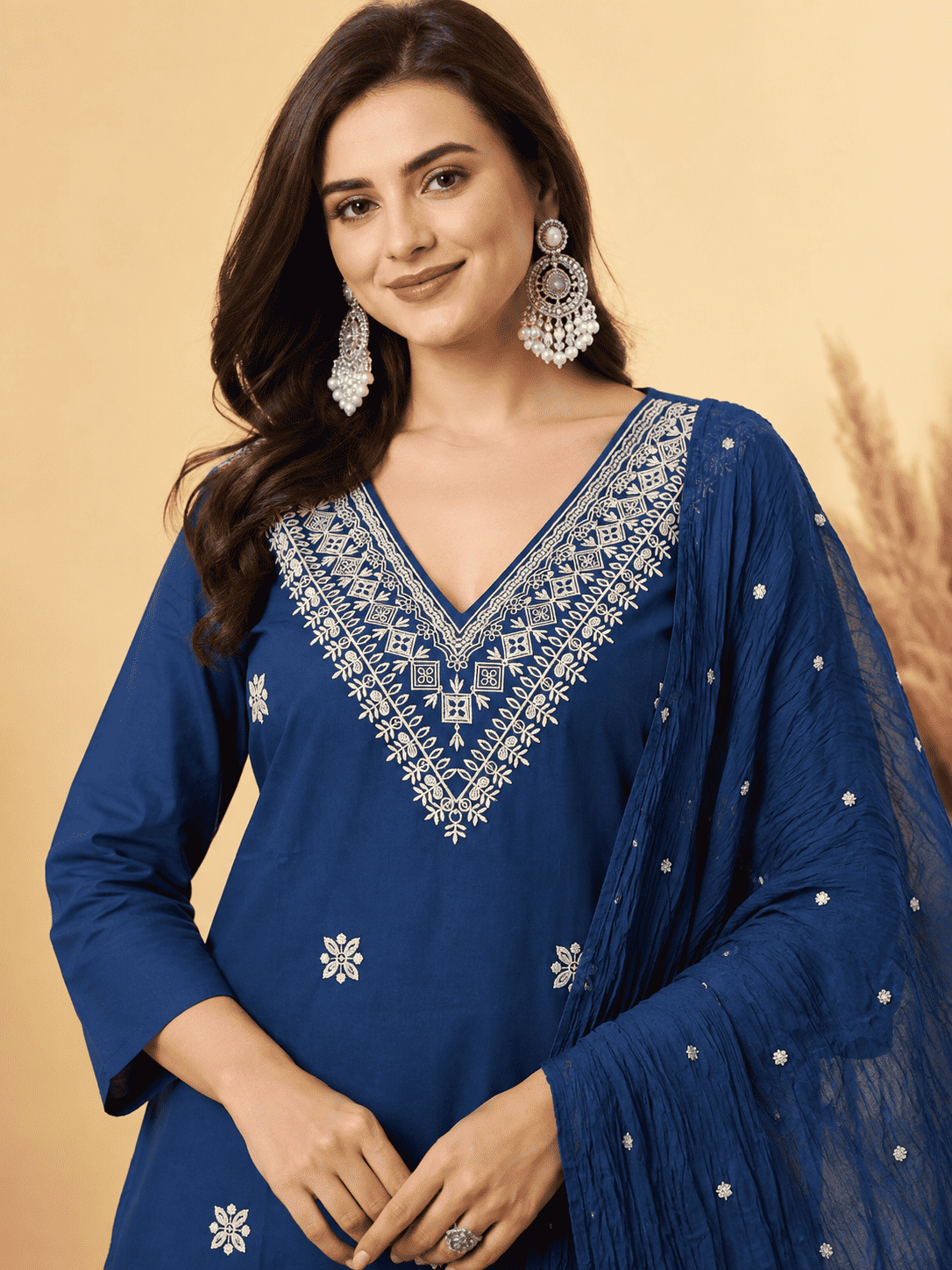 Navy Blue Embroidered Cotton Blend Kurta Pant and Dupatta