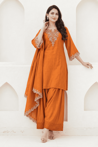 Rust Orange Embroidered Mul Chanderi Kurta and pant with Dupatta