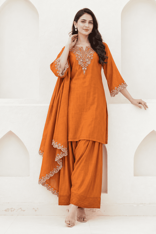 Rust Orange Embroidered Mul Chanderi Kurta and pant with Dupatta