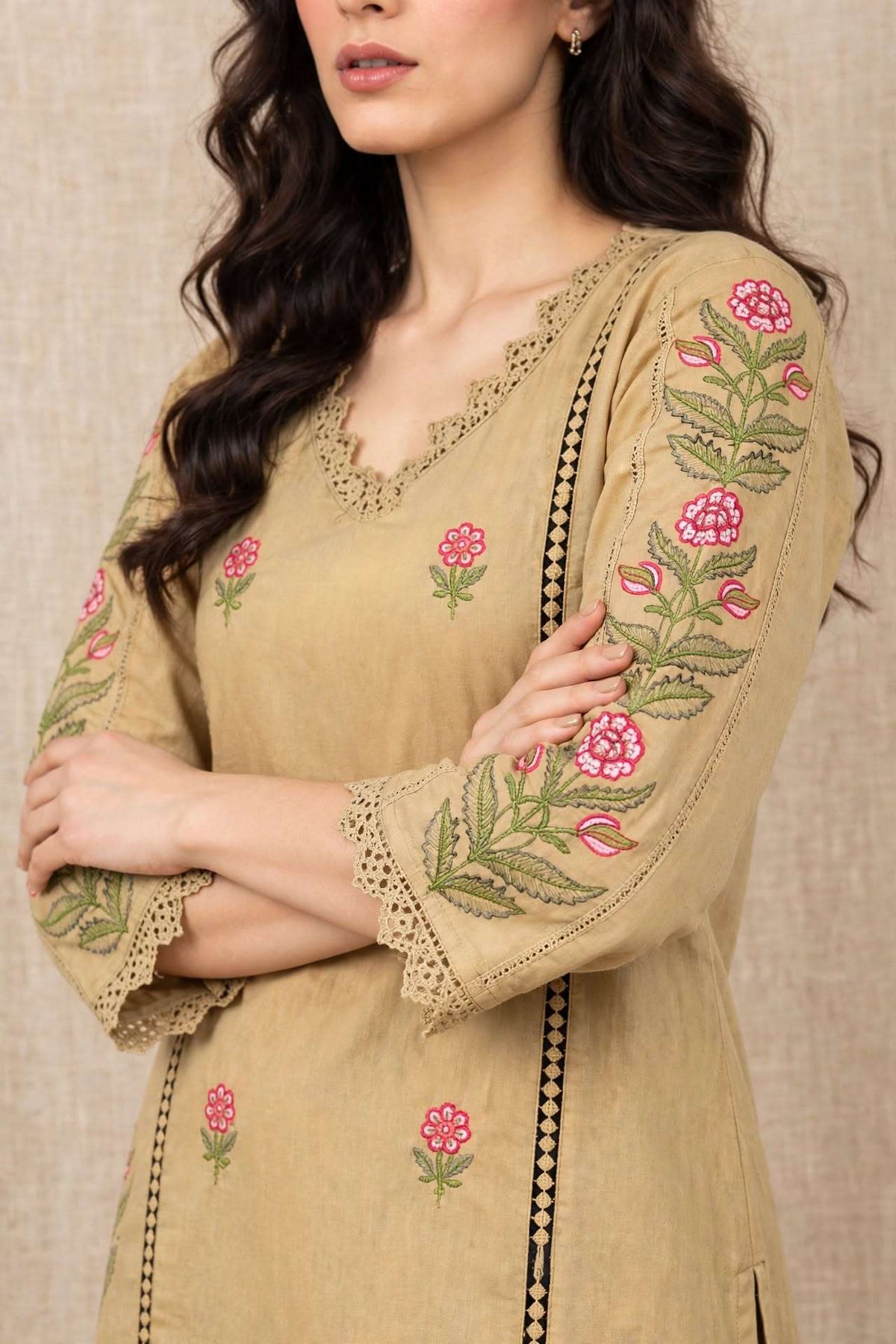 Cream Embroidered Mul Cotton Kurta and Printed Pant with Dupatta