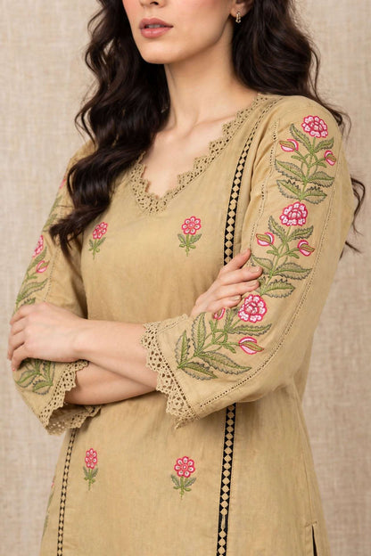 Cream Embroidered Mul Cotton Kurta and Printed Pant with Dupatta