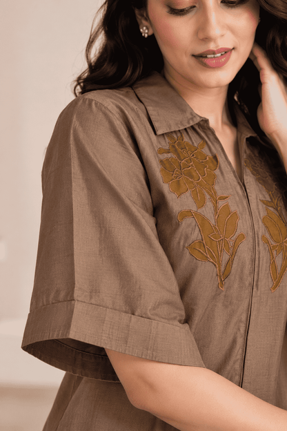Olive Grey Embroidered Roman Silk Kurta Pant Set