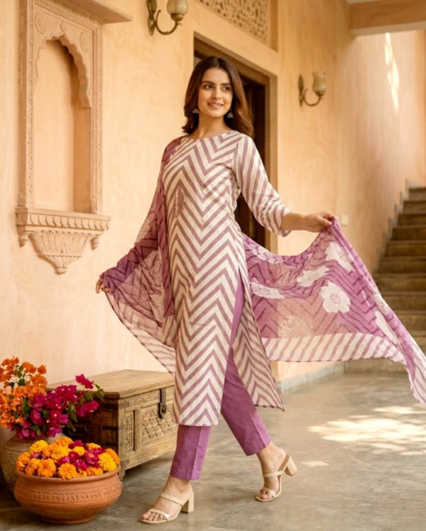 Purple Striped Floral Printed Rayon Kurta Set With Dupatta