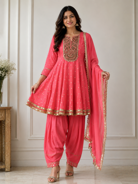 Pink Mul Chanderi Embroidered Anarkali Kurta and Dhoti Pant With Dupatta