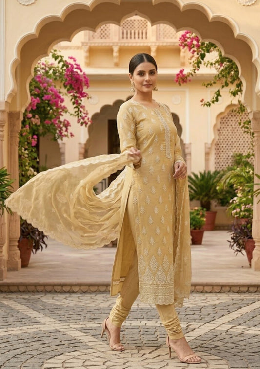 Semi-Stitched Muted Olive-Beige Chiffon Suit With Delicate Ivory Sequin Leaf Embroidery