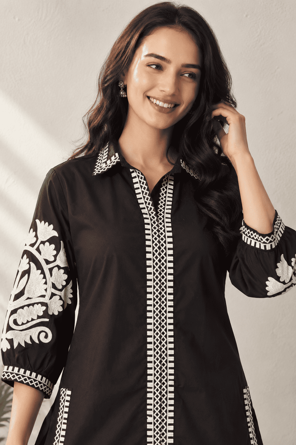 Black With White Thread Embroidered Short Kurta Pant Set