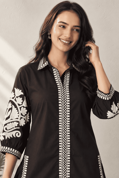 Black With White Thread Embroidered Short Kurta Pant Set