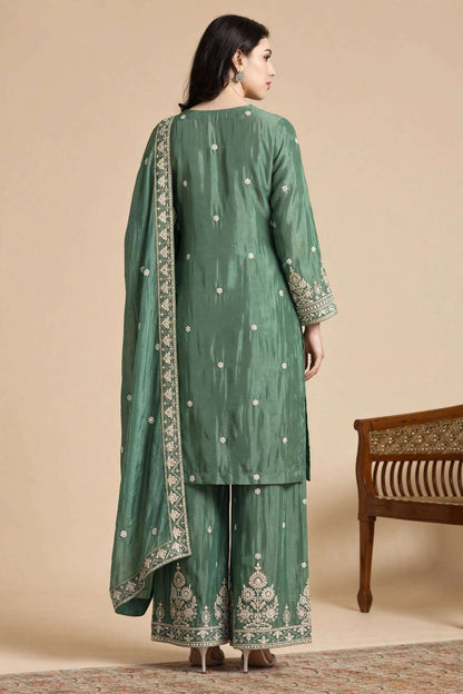 Sea Green Embroidered Chinon Kurta Sharara and Dupatta Set