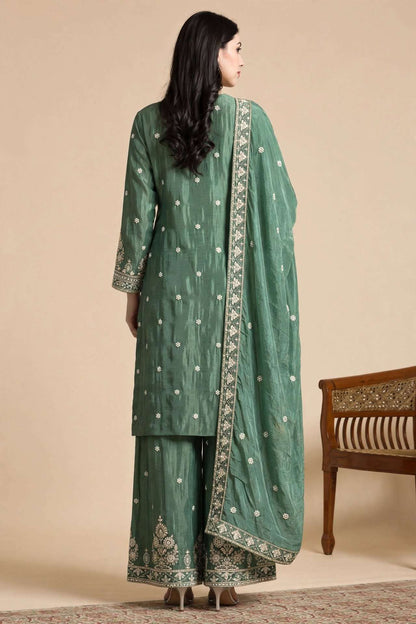 Sea Green Embroidered Chinon Kurta Sharara and Dupatta Set