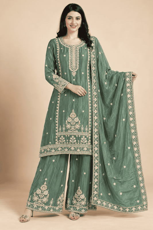 Sea Green Embroidered Chinon Kurta Sharara and Dupatta Set