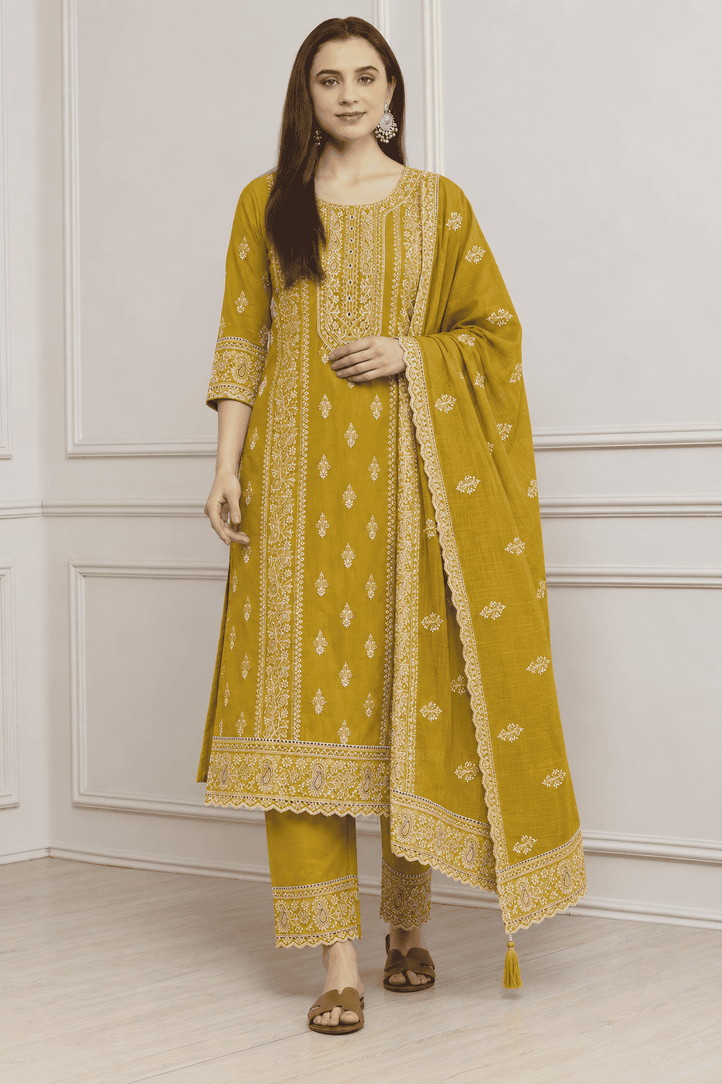 Mustard Embroidered Cotton Kurta Pant and Dupatta