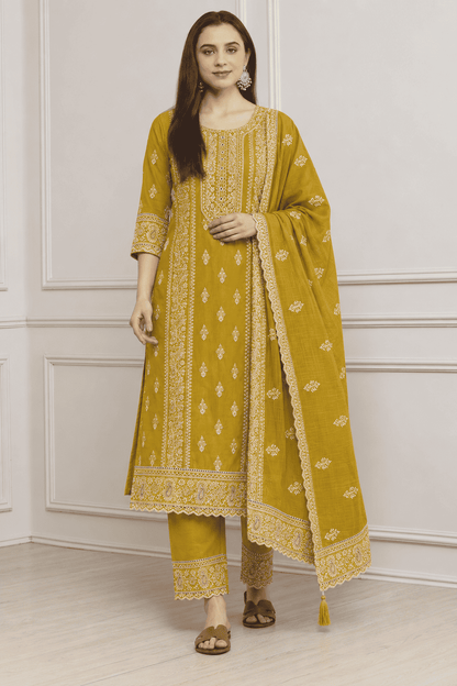 Mustard Embroidered Cotton Kurta Pant and Dupatta