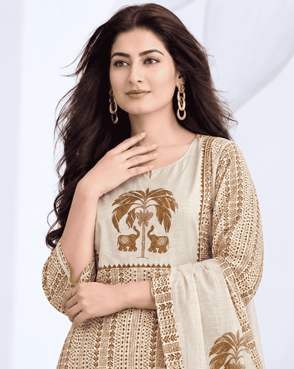 Off White in mustard tone printed cotton kurta and pant with dupatta