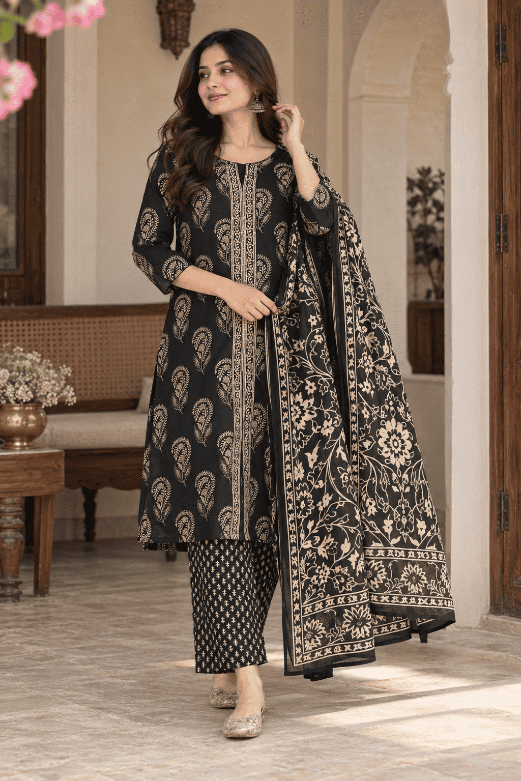 Black Printed Cotton Blend Kurta Pant and Dupatta